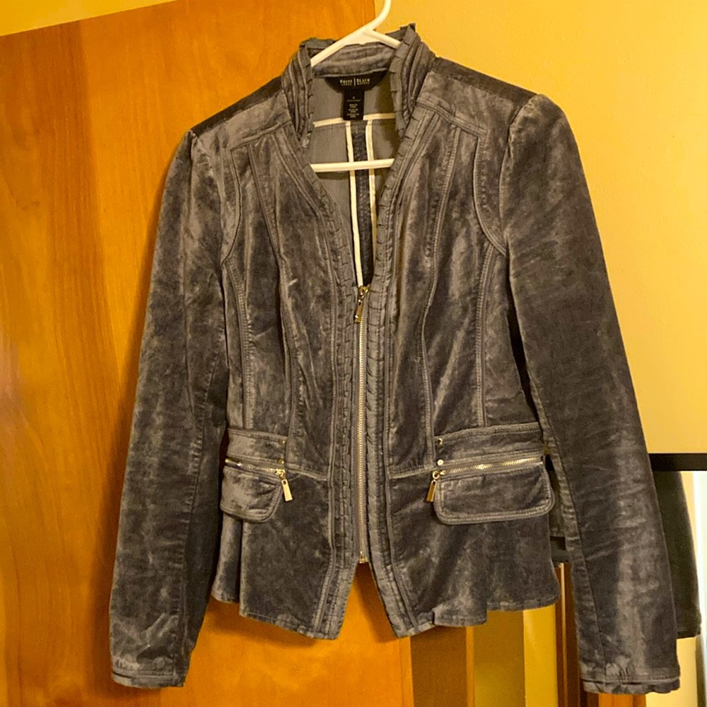 White House Black Market Grey Velvet Blazer / Moto- Jacket | Ruffle Detailing
